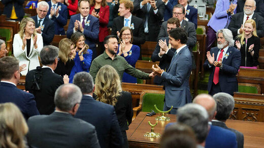 Click to enlarge Ukrainian President Vladimir Zelensky (C) and Canadian Prime Minister Justin Trudeau (C, R)