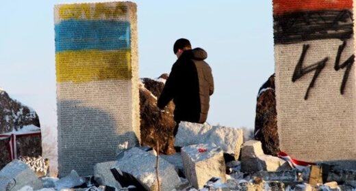 Galicians vandalized the memorials to the villagers of Huta Pieniacka with Ukrainian national and SS graffiti