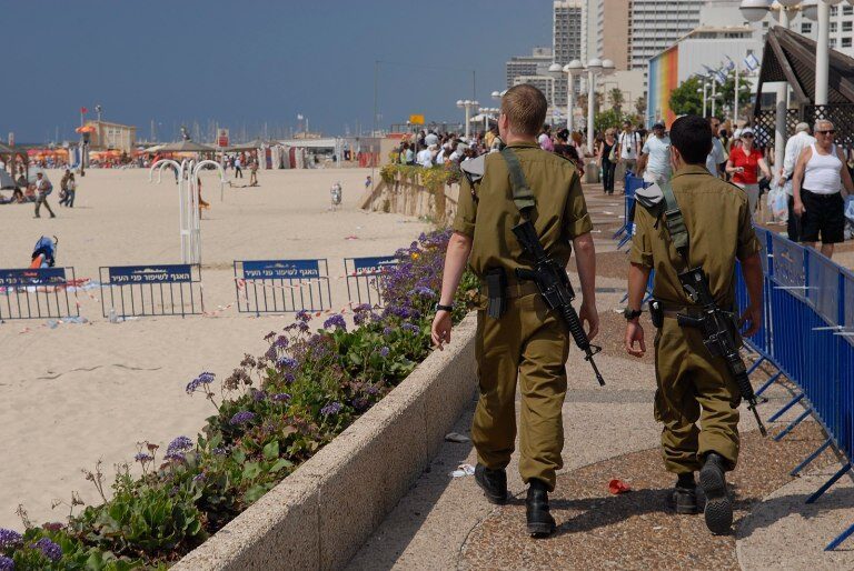 Israeli soldiers on the Tel Aviv beach