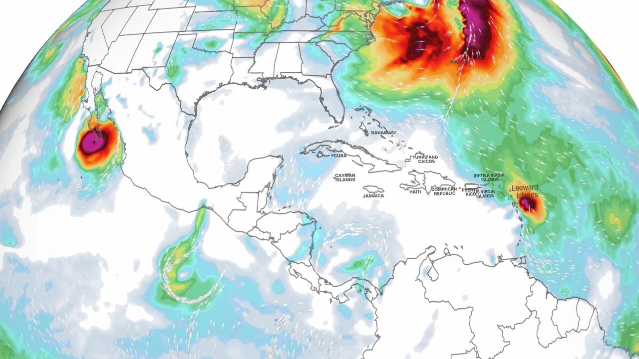 Click to enlarge Wind map of Hurricane Norma in the Pacific and Hurricane Tammy in the Atlantic.