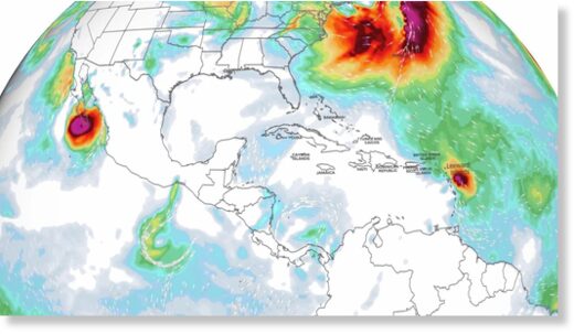 Wind map of Hurricane Norma in the Pacific and Hurricane Tammy in the Atlantic.
