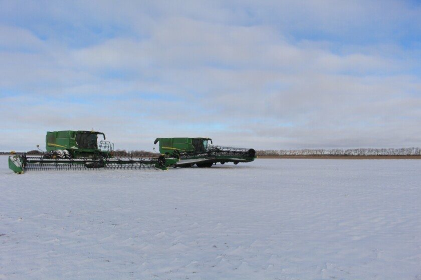 A winter storm on Oct. 26-27, 2023, halted the soybean harvest in areas of North Dakota.