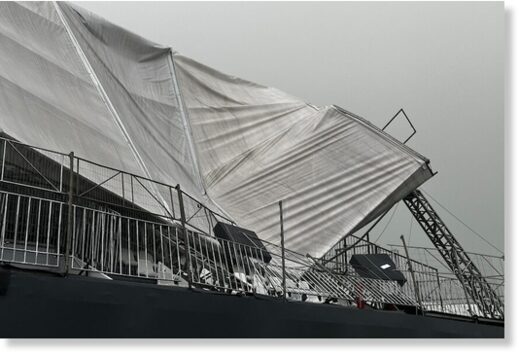 One of the grandstands appeared to have its roof collapsed at the Interlagos circuit.