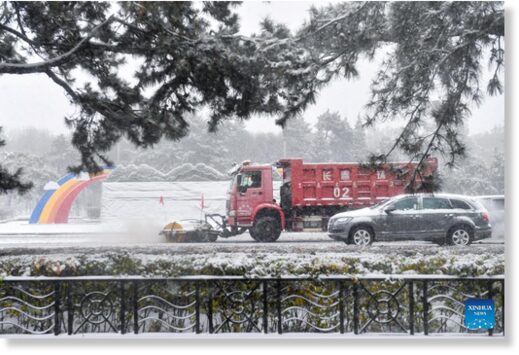 Click to enlarge A snow removal vehicle cleans snow on a road in Changchun, northeast China's Jilin Province, Nov. 6, 2023.