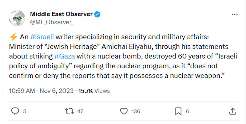 tweet Israel nukes Amichai Eliyahu