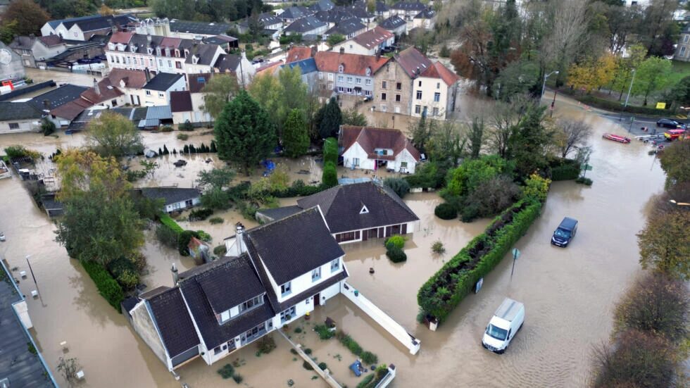 An aerial view shows a flooded area as the La Liane River overflows in Pont-de-Briques, near Boulogne-sur-Mer, after heavy rain caused flooding in northern France on November 7, 2023