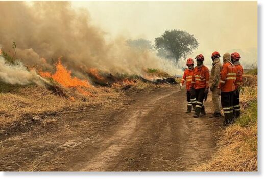 Firefighters tackle forest fires in the Pantanal wetland near Porto Jofre, Mato Grosso State, Brazil, Nov. 13, 2023.