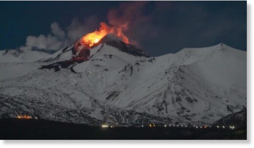 Sizzling hot lava streamed down from the snow-covered slopes of Mount Etna late on Friday (November 24).