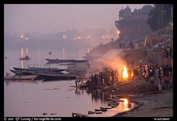 Click to enlarge Cremation fire on banks of Ganges River