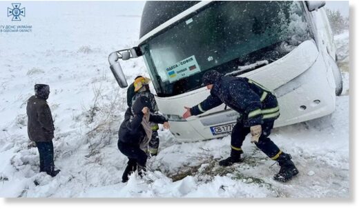 Click to enlarge Dozens of passengers in Ukraine have had to be rescued from vehicles stuck in heavy snow