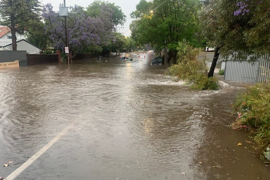 Flooded roads in Wayville, in the wake of thunderstorms across Adelaide.