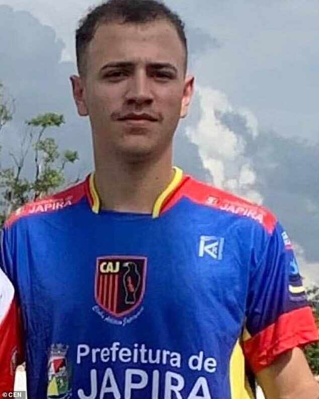 Caio Henrique de Lima Goncalves, 21, (pictured) was playing for his Uniao Jaiirense team in a cup fixture in the southern state of Parana when he was jolted by the lightning strike on Sunday