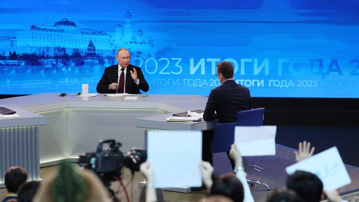 Click to enlarge Russian President Vladimir Putin holds a major press conference in Moscow, Russia, on December 14, 2023.