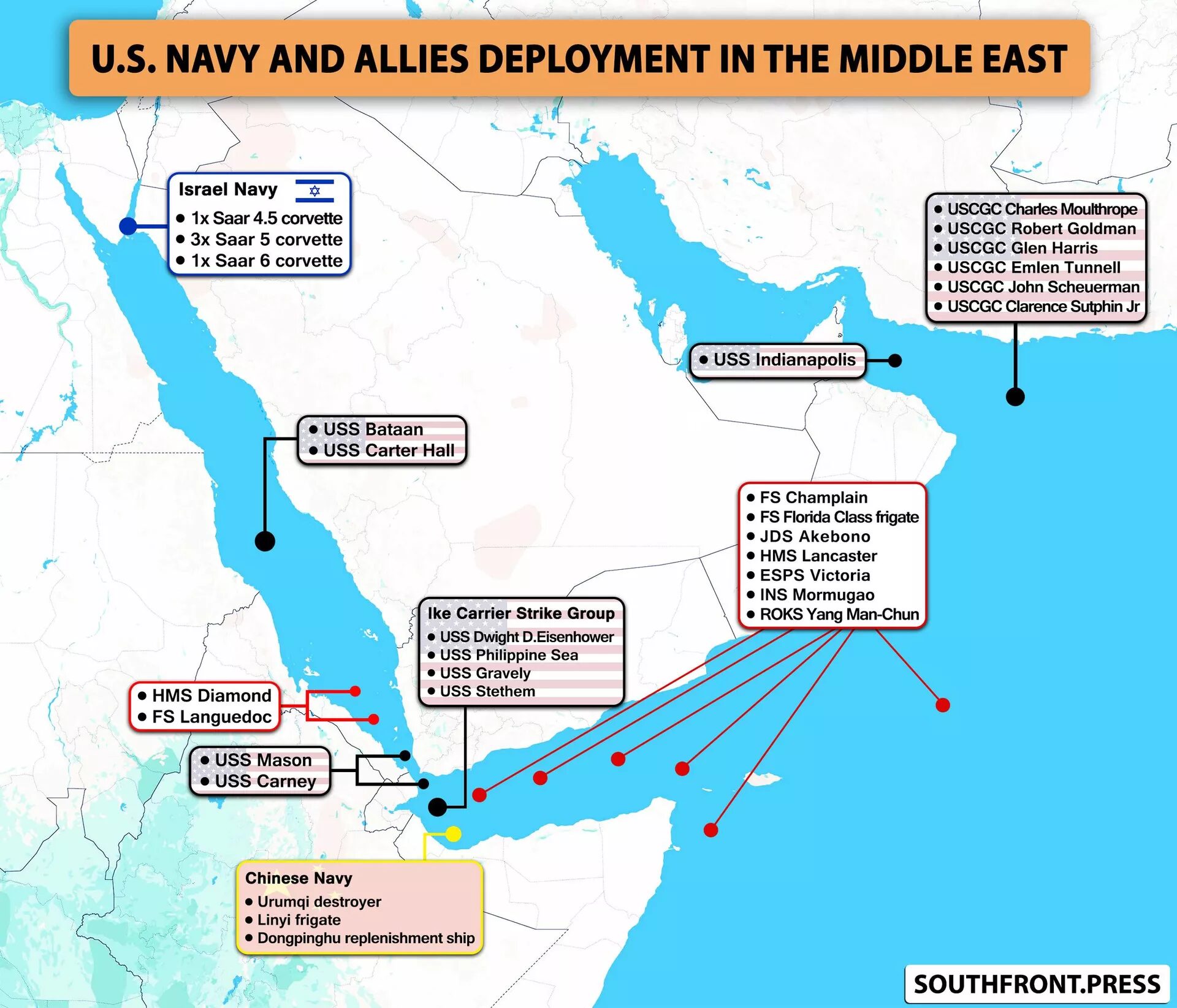 Click to enlarge US Navy and allies deployment in the Middle East