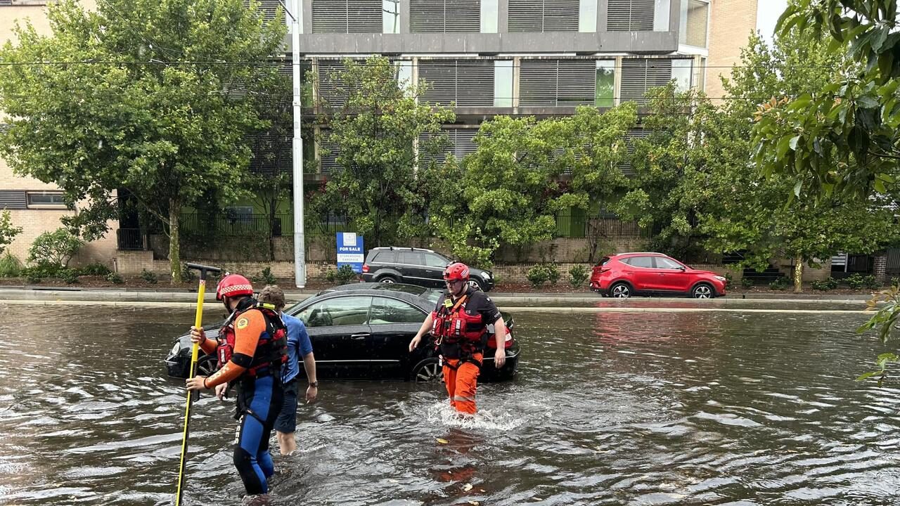 Click to enlarge NSW SES Flood Rescue Team with a flood rescue on Anzac Parade in Kensington on Sunday.