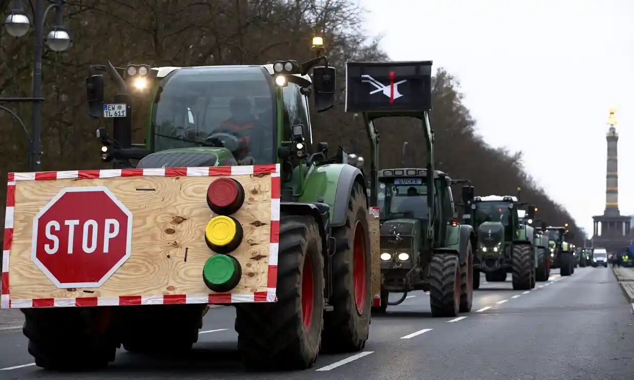 German farmers with their tractors at a protest in Berlin