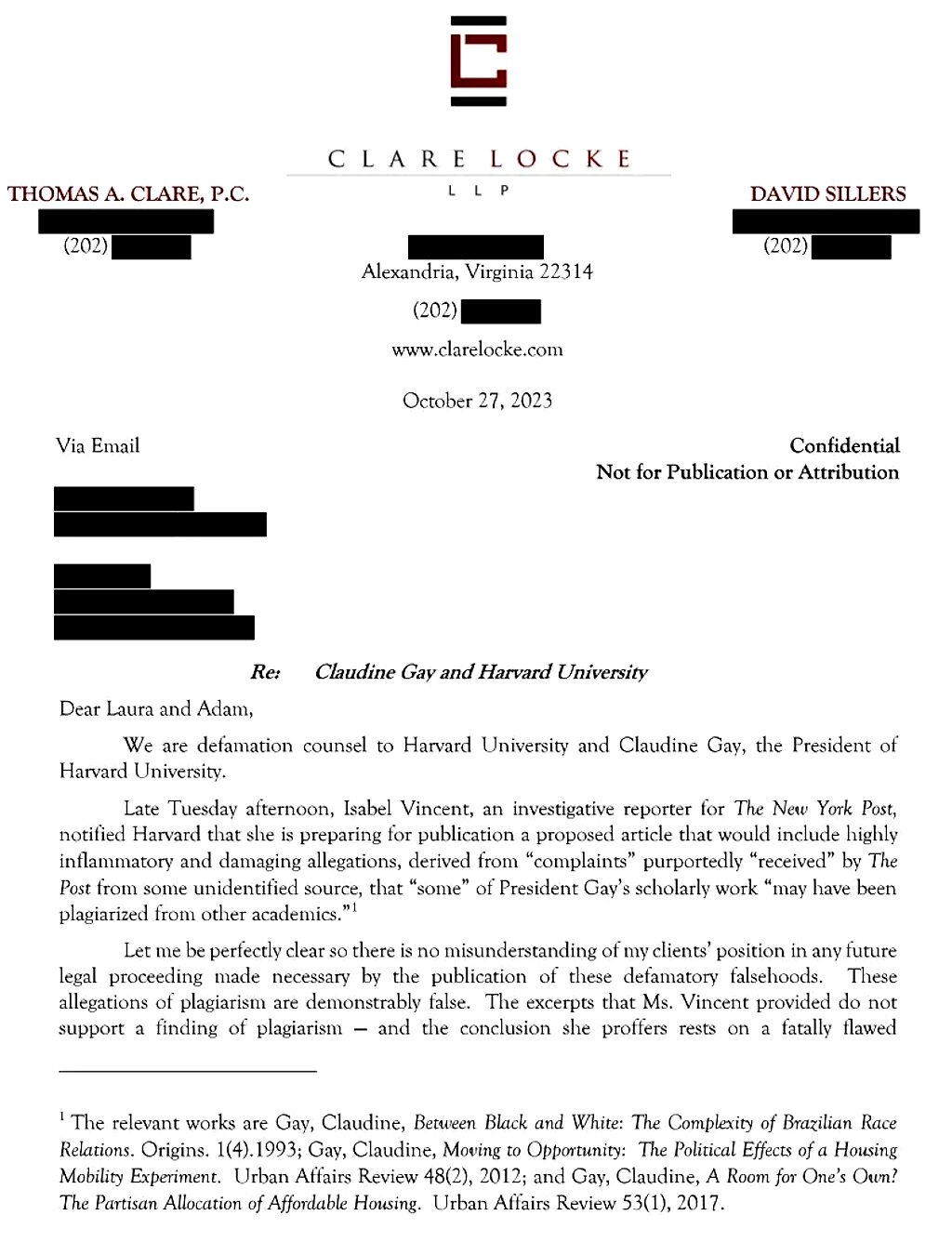 Click to enlarge letter harvard new york post claudine gay censorship threat