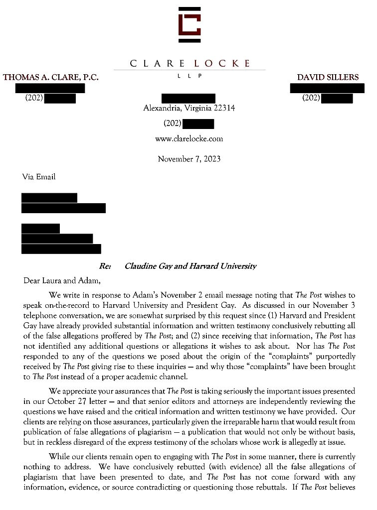 Click to enlarge letter Clare Locke LLP harvard claudine gay new york post charges