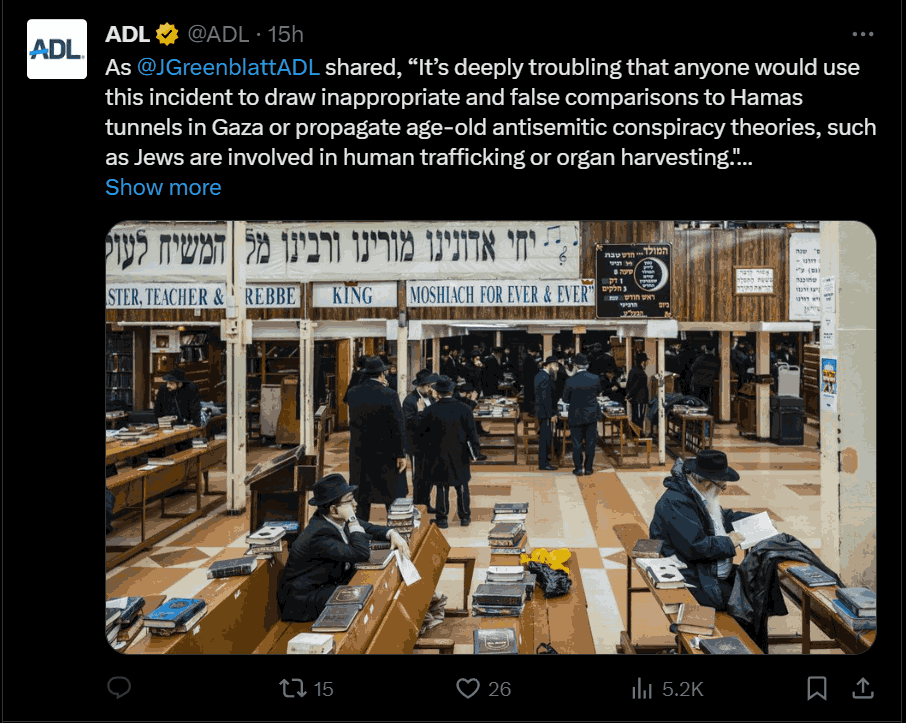 ADL on X about NY tunnel