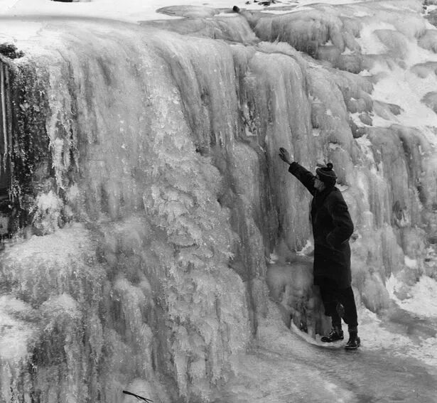 A shimmering wall of ice on one of the waterfalls on the Brecon Beacons in 1963