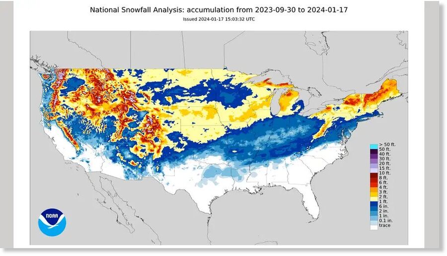 Measurable snowfall in the CONUS as of January 17.