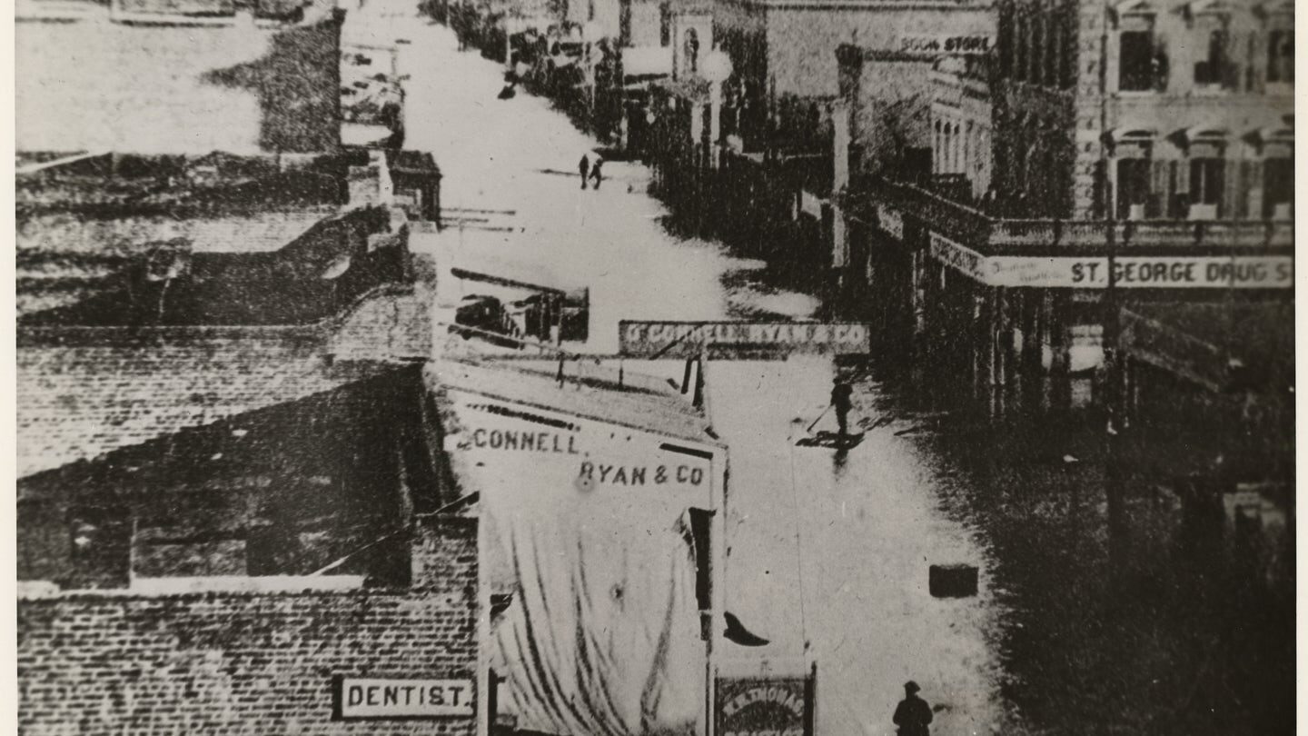 A birds-eye view of a flooded street;