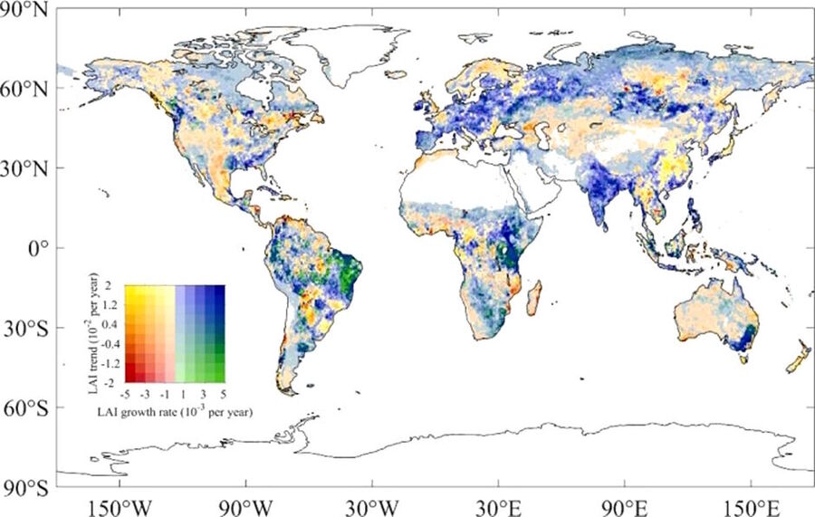 Leaf Area Index (LAI) 10-year growth/trend global greening carbon dioxide