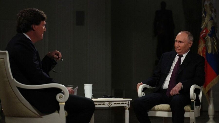 Russian President Vladimir Putin gives interview to American journalist Tucker Carlson