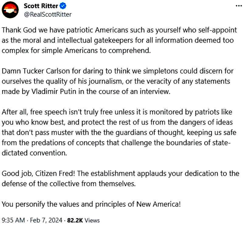 Click to enlarge ritter tweet tucker carlson putin interview