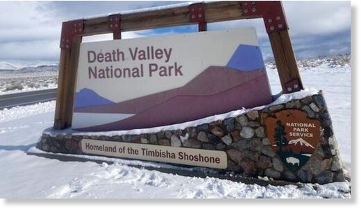 Snow at Death Valley National Park’s CA-190 west entrance on February 8.