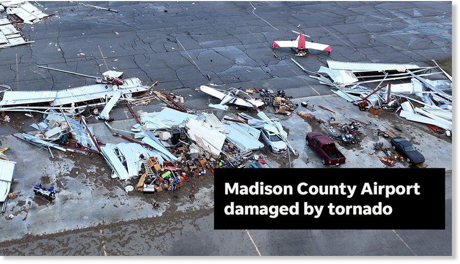 A hangar was destroyed and airplanes damaged at the Madison County Airport following a severe storm, Wednesday morning, Feb. 28, 2024, in London, Ohio.