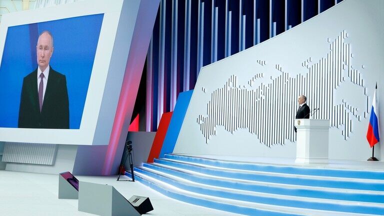 Russian President Vladimir Putin during his annual address to the Federal Assembly at Gostiny Dvor in Moscow, Russia.