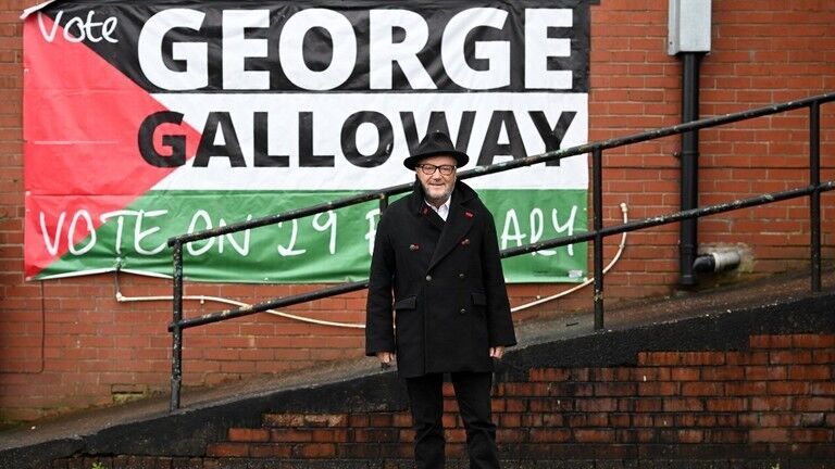 The new Workers Party MP for Rochdale, George Galloway, outside his campaign HQ in Rochdale, England, March 1, 2024.