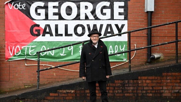 Click to enlarge The new Workers Party MP for Rochdale, George Galloway, outside his campaign HQ in Rochdale, England, March 1, 2024.