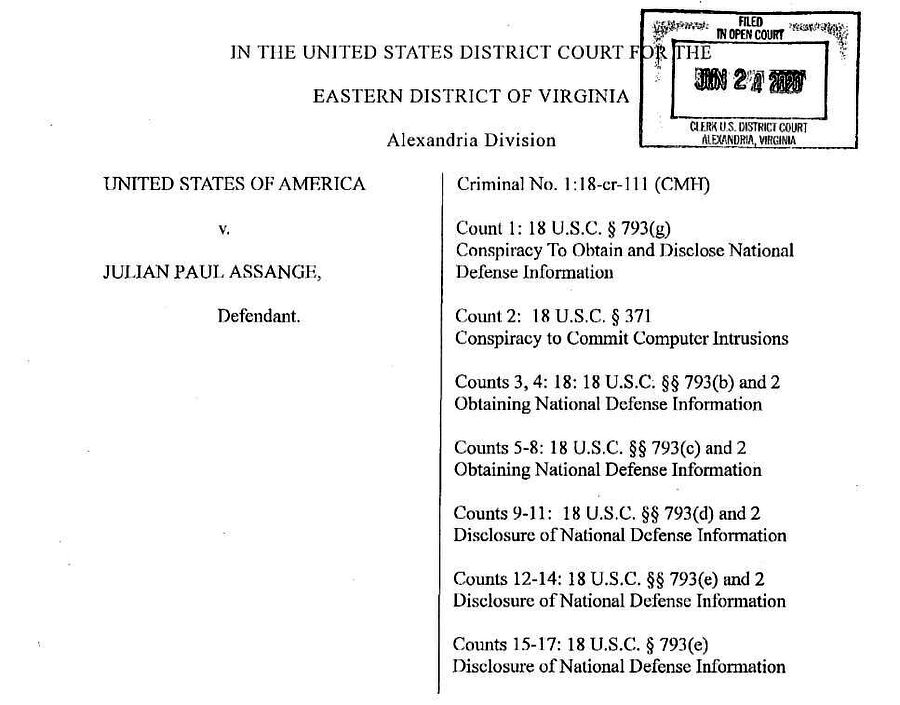 The first page of the superseding indictment Assange