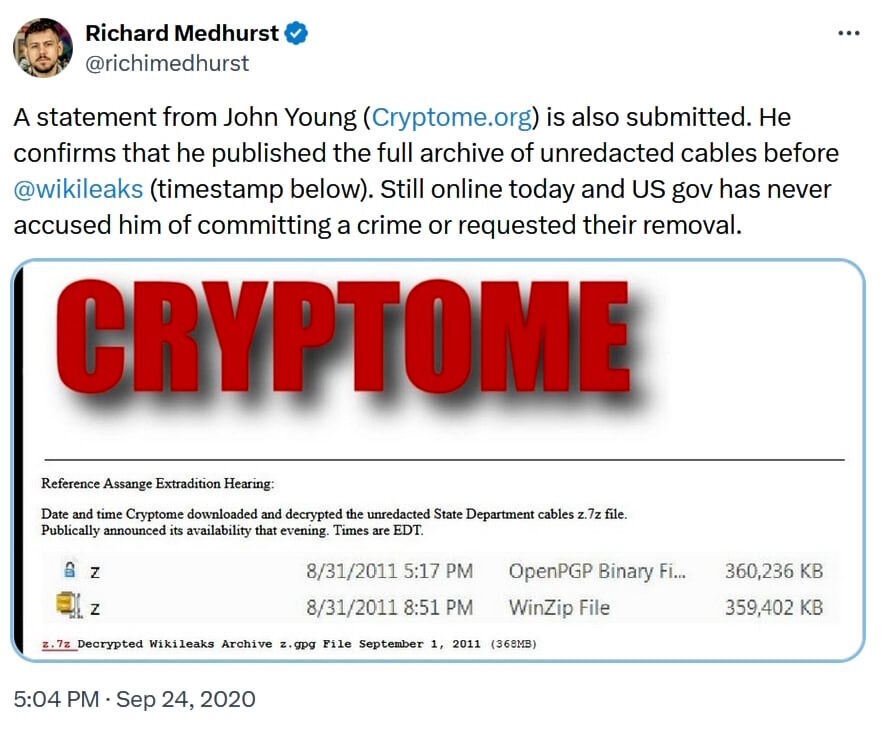 medhurst tweet wikileaks assange cryptome