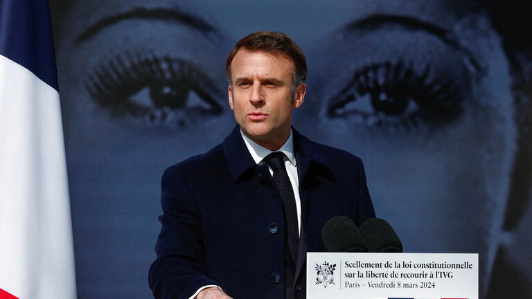 French President Emmanuel Macron at a ceremony to seal the right to abortion in the French constitution.