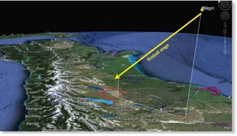 Path of the fireball. The begin point is when it because first visible in the atmosphere.