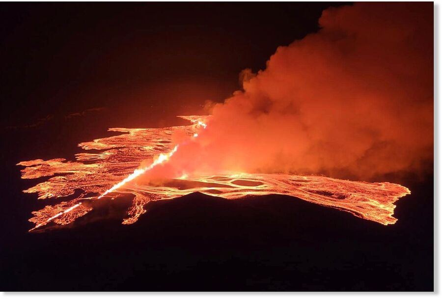 This image from video provided by Iceland Civil Defence shows lava erupting from a volcano