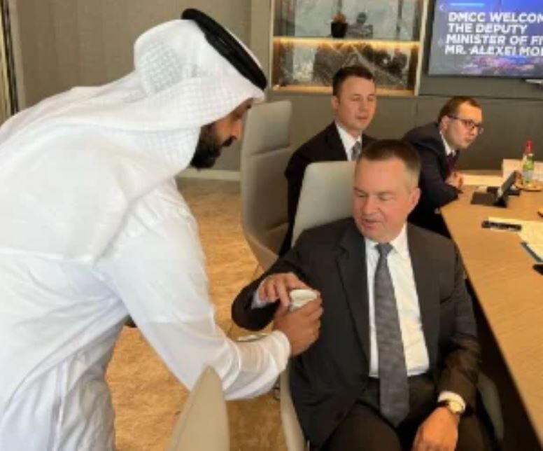 Ahmed Bin Sulayem of the DDE and DMCC, meeting Deputy Finance Minister Alexei Moiseyev in Dubai on January 12, 2024