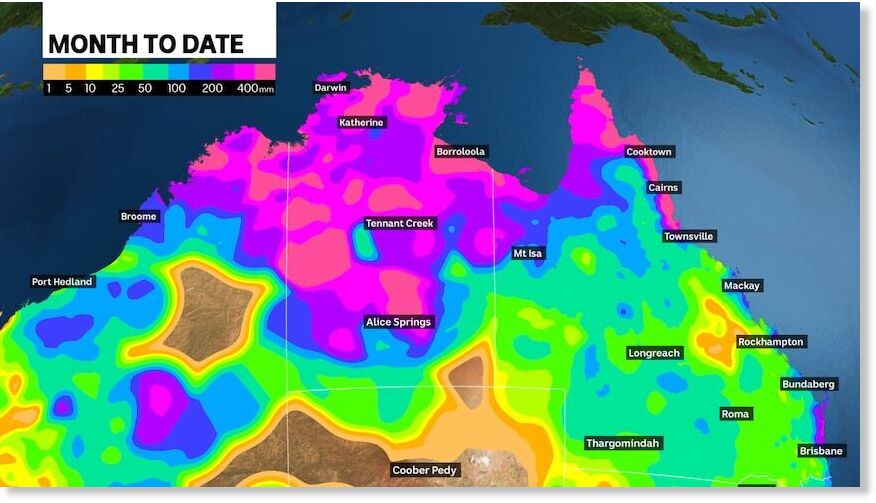 So far this month hundreds of millimetres of rain has fallen across the NT as far south as Alice Springs.