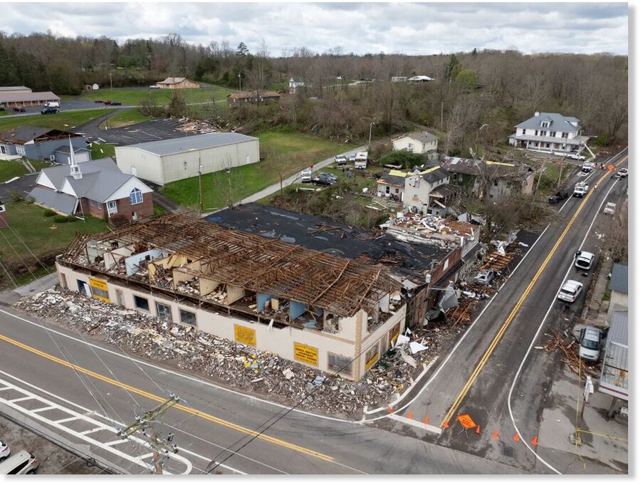 Storm damage in Sunbright, Tennessee, on Tuesday, April 2, 2024. Extensive damage was done to the town but no deaths have been reported.