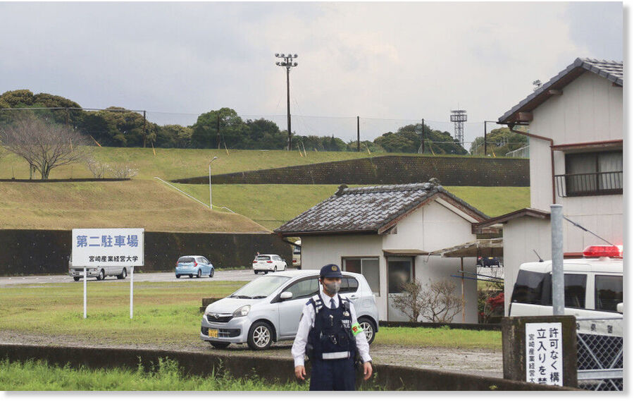 Photo shows the site where a lightning strike resulted in 18 people being hospitalized in Miyazaki, southwestern Japan, on April 3, 2024.
