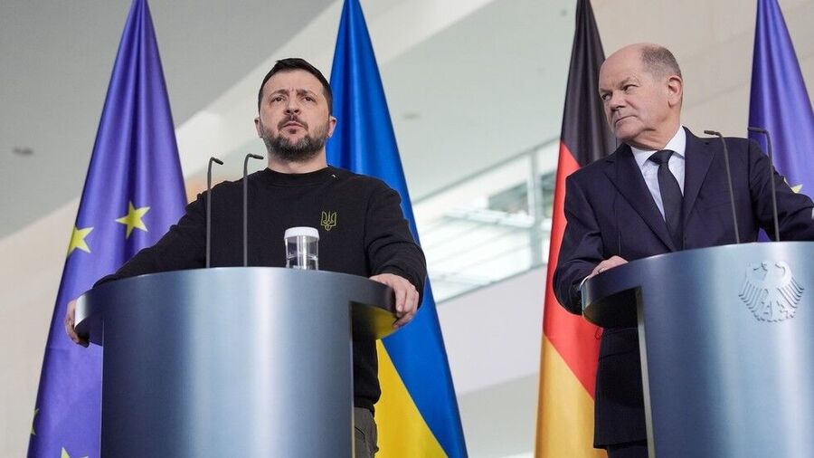 FILE PHOTO: German Chancellor Olaf Scholz meets Ukrainian President Vladimir Zelensky in Berlin, Germany, on February 16, 2024.