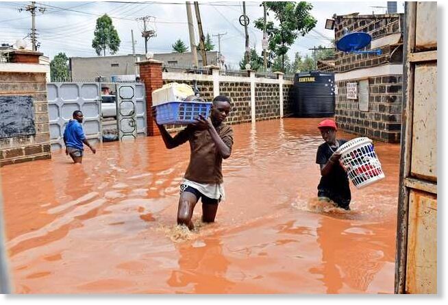 Residents of Ruaka in Nairobi, Kenya salvage properties after heavy rains which occurred in various parts of the country evening left roads and a number of homesteads flooded on April 23, 2024.