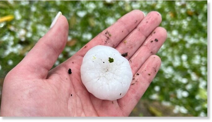 The balls of hail were as big as softballs.