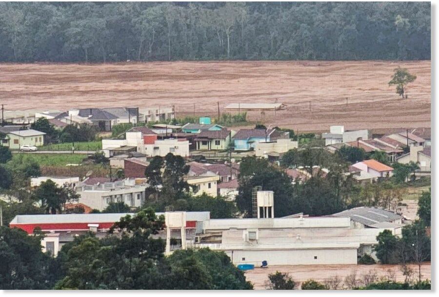 Aerial view of flooded areas in Encantado city, Rio Grande do Sul, Brazil, taken on May 1.