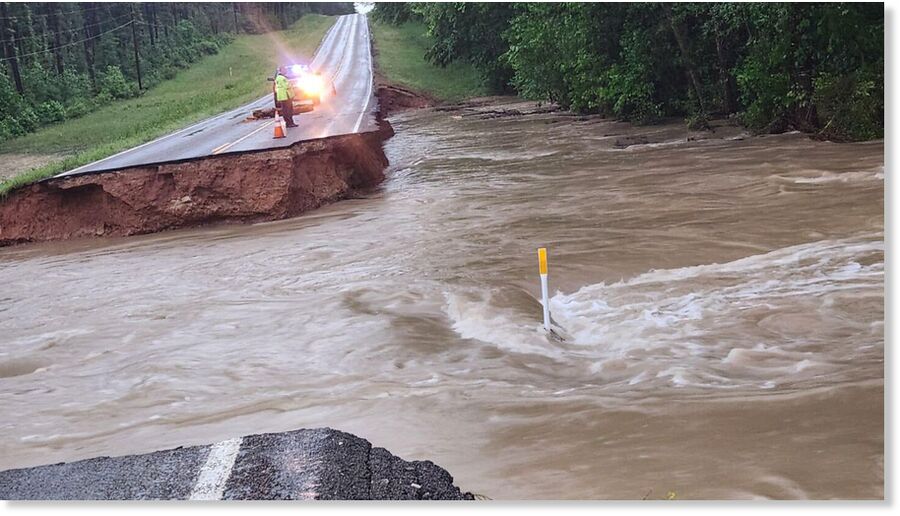 This image shows a road that was washed away by raging floodwaters in Walker County, Texas, on Thursday, May 2, 2024.