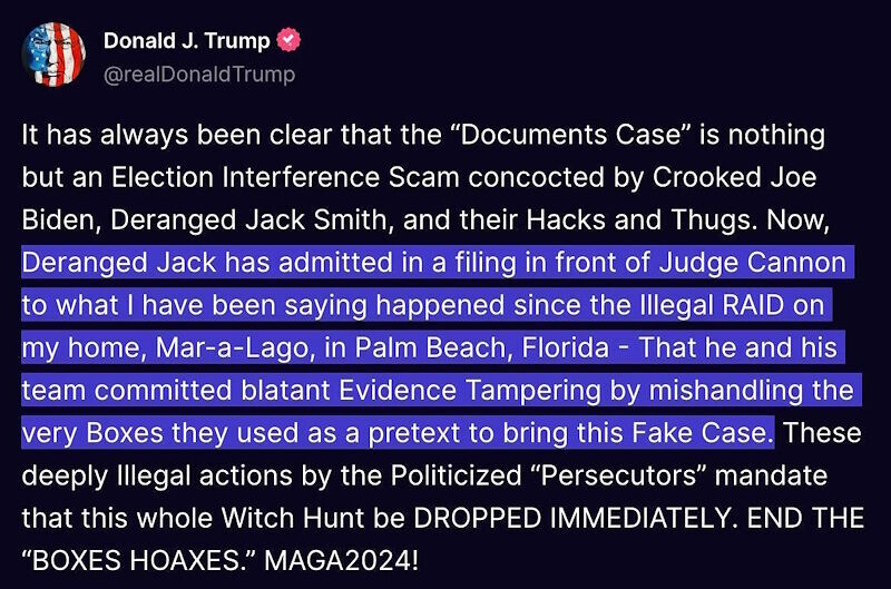 trump tweet classified documents jack smith
