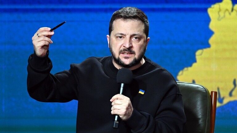 FILE PHOTO: Ukrainian President Vladimir Zelensky during his year-end press conference in December 2023.